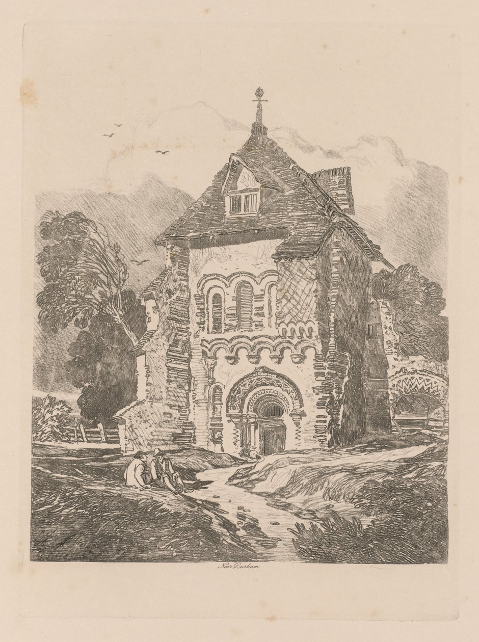 Studiebok: Plate 36, kirke nær Durham av John Sell Cotman