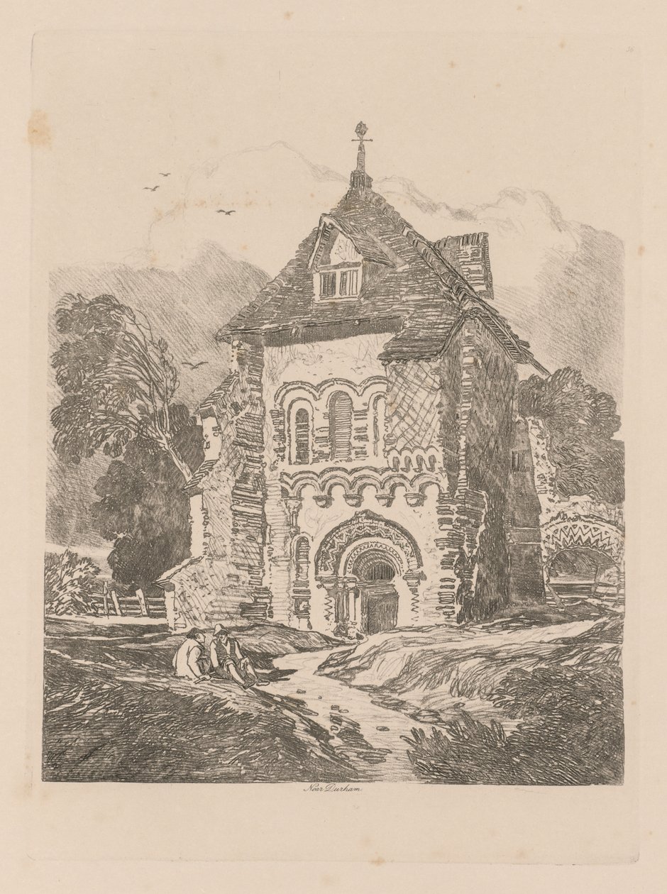 Liber Studiorum: Plate 36, kirke nær Durham, 1838 av John Sell Cotman