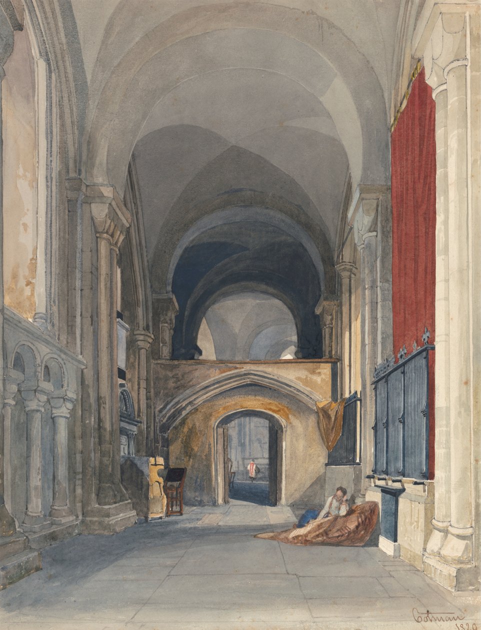 Norwich Cathedral: Interiør av korets nordgang, ser østover av John Sell Cotman