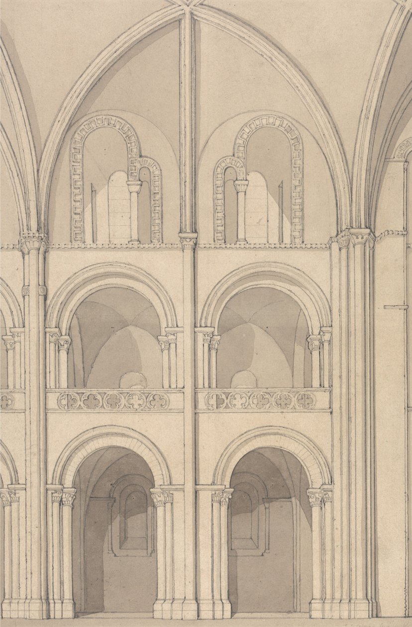 Perspektivisk opptegning av en del av klosterkirken Saint-Étienne i Caen, Normandie av John Sell Cotman