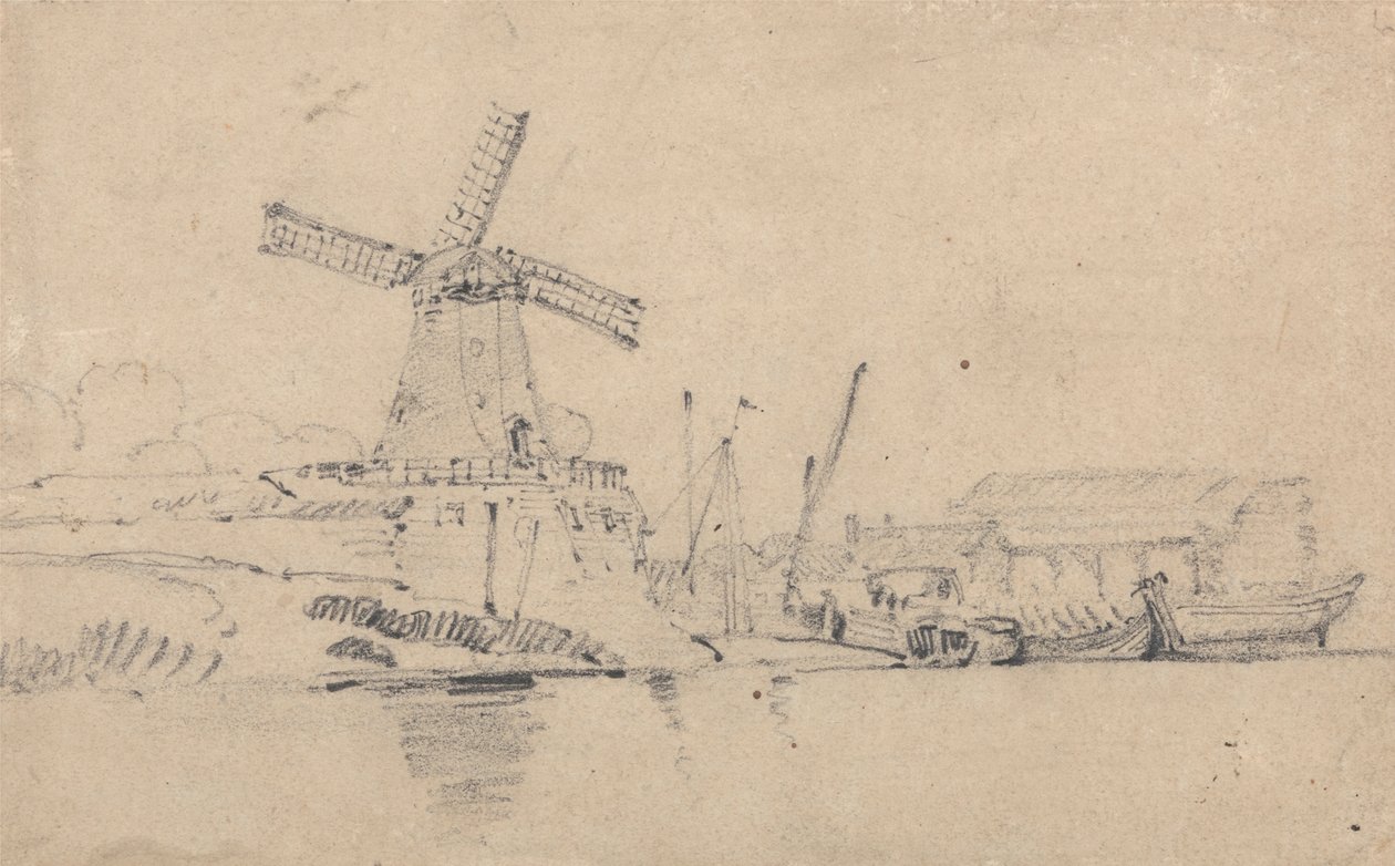 Elv og vindmølle av John Sell Cotman