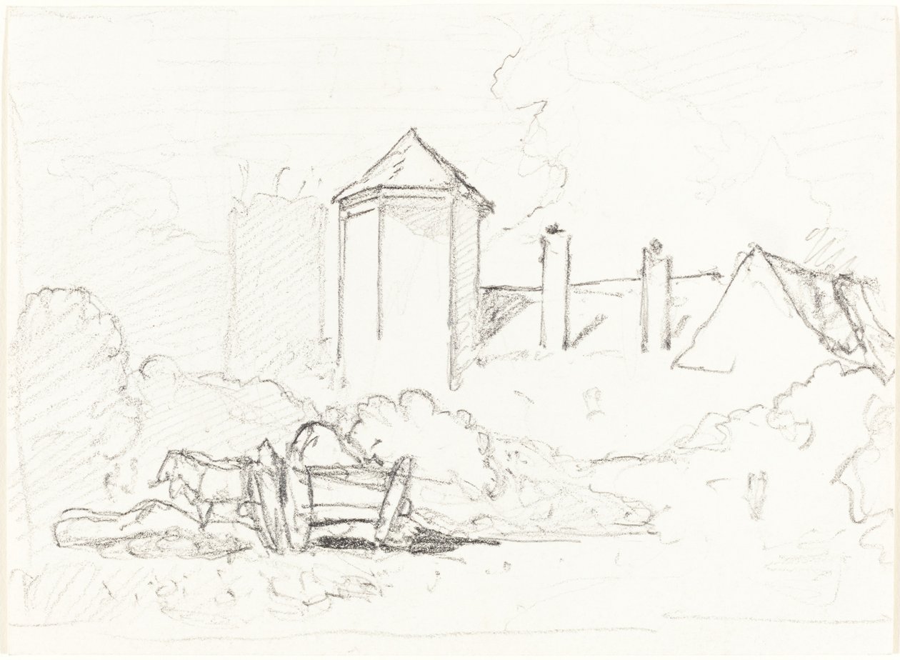 Skisse av bygninger med vogn og hester i forgrunnen av John Sell Cotman