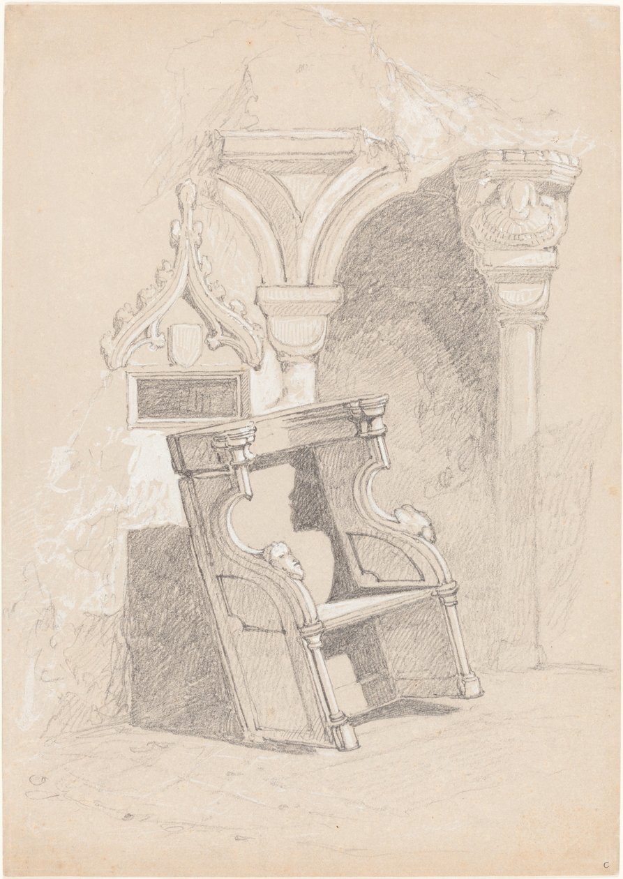 Skisse av ødelagt kirkeinteriør med stol av John Sell Cotman