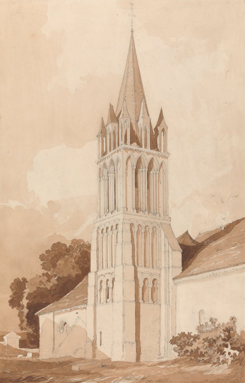 Sørøstutsikt over Ifs-kirken, nær Caen, Normandie av John Sell Cotman