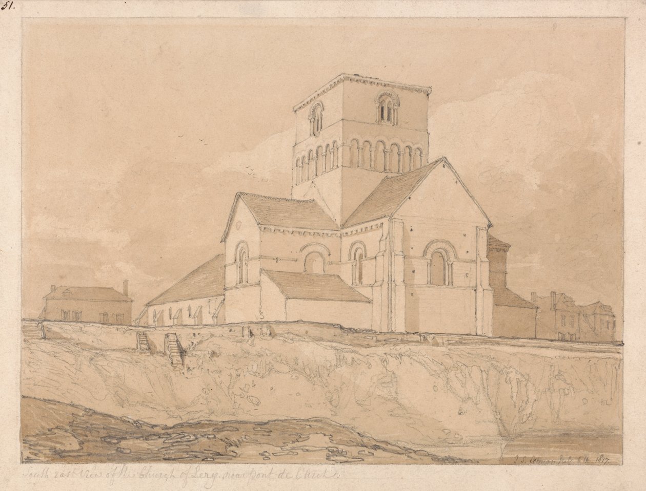 Sørøstutsikt over kirken Lery, nær Pont-de-l'Arche, Normandie av John Sell Cotman