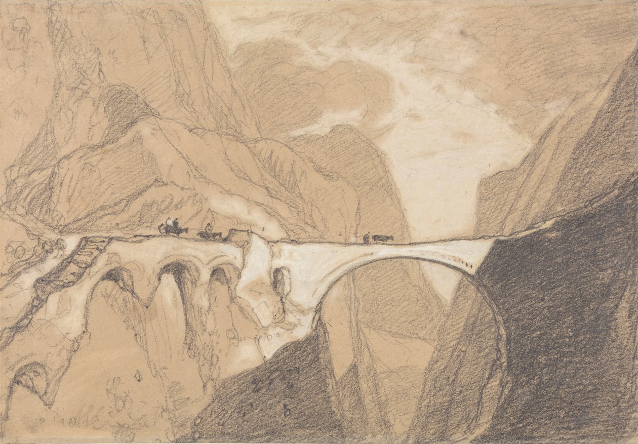 Reisende som krysser en bro over en alpine kløft av John Sell Cotman