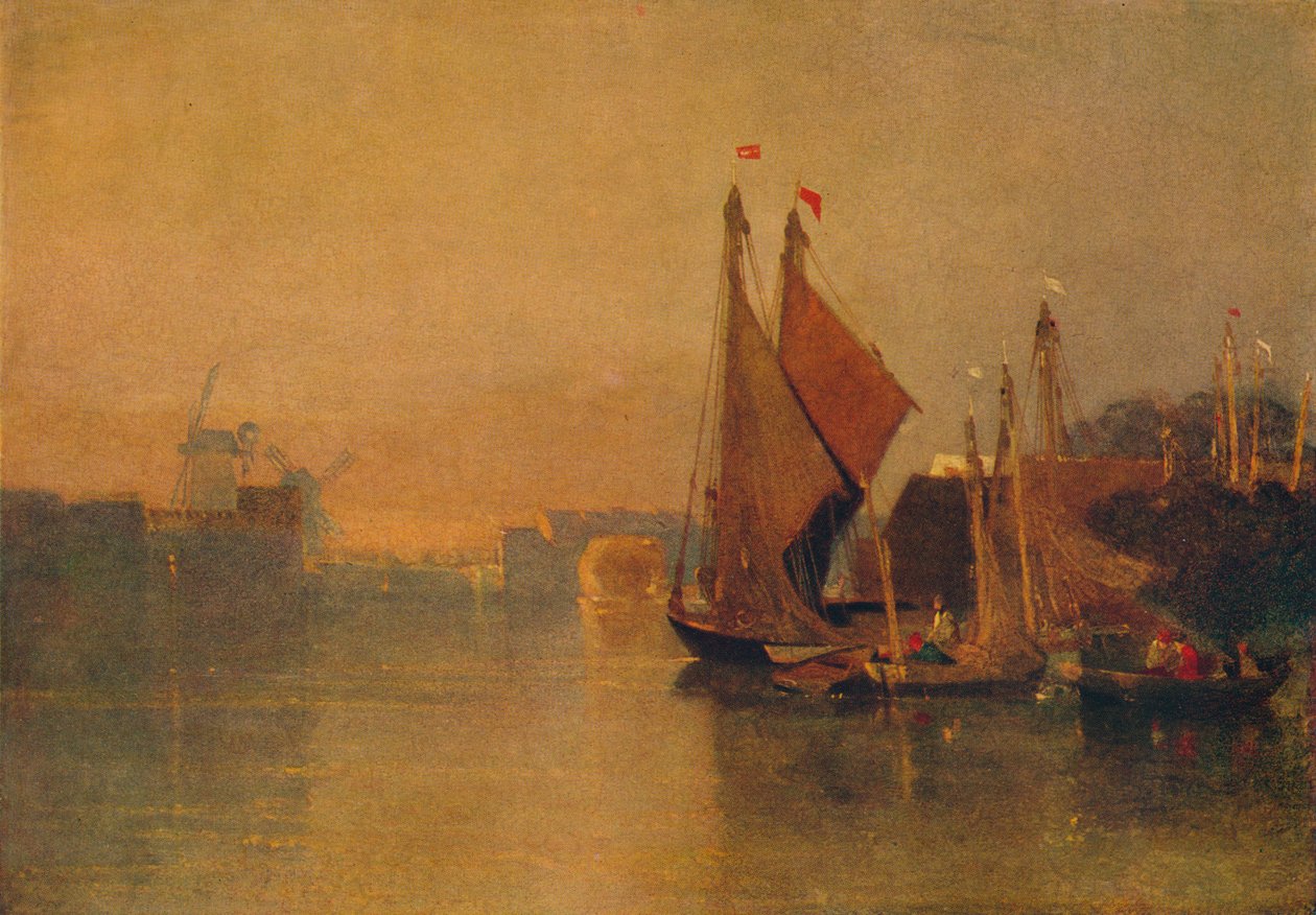 Utsikt fra Yarmouth Bridge, Norfolk, ser mot Breydon, like etter solnedgang, c1823 av John Sell Cotman