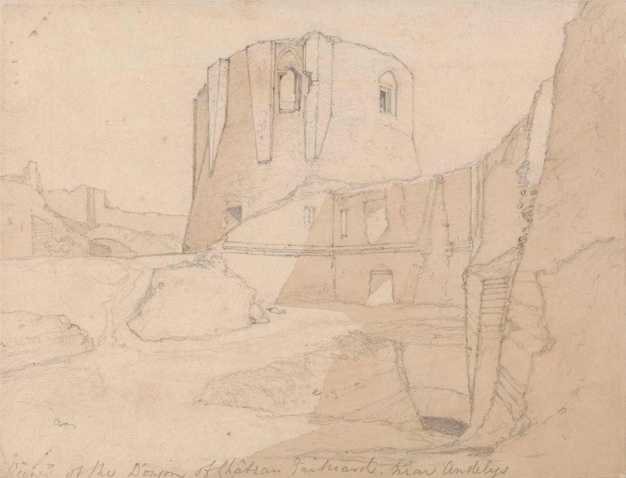 Utsikt over Donjon of Chateau Gaillard, nær Andelys, Normandie av John Sell Cotman