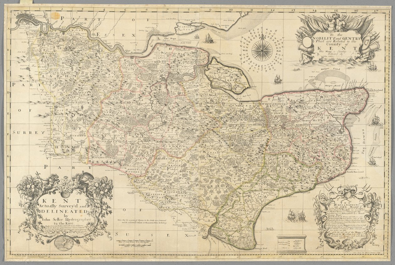 Kent, faktisk kartlagt og avgrenset av John Seller, ca. 1680 (gravering) av John Seller