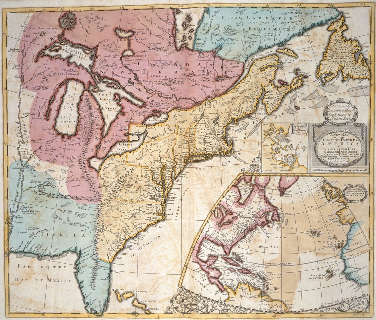 Et kart over Amerika og Canada, fra "A New General Atlas, containing a geographical and and historical account of all the Empires, Kingdoms and other Dominions of the World..." av John Senex