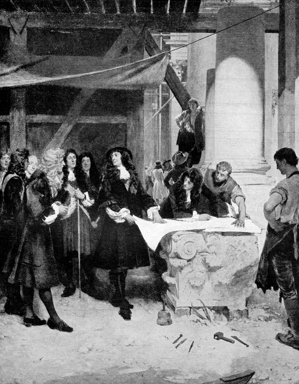 Charles II besøkte Sir Christopher Wren under byggingen av St Pauls Cathedral, London, 1909. av John Seymour Lucas