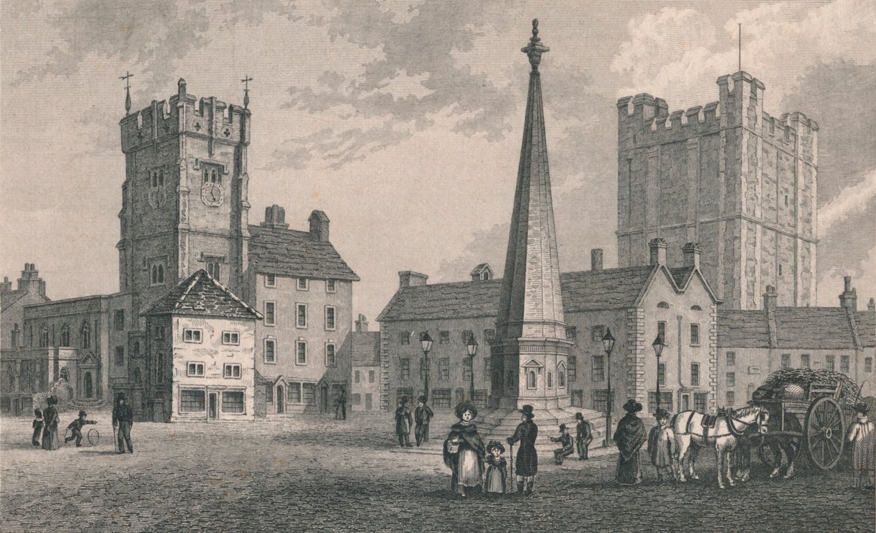 Market Place Richmond, Trinity Church og Keep of Richmond Castle, 1831 av John Shury
