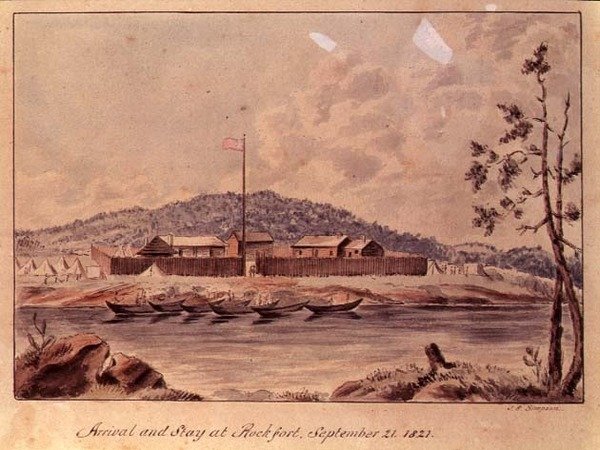 Ankomst og opphold på Rockfort, 1821 (wc på papir) av John Simpson