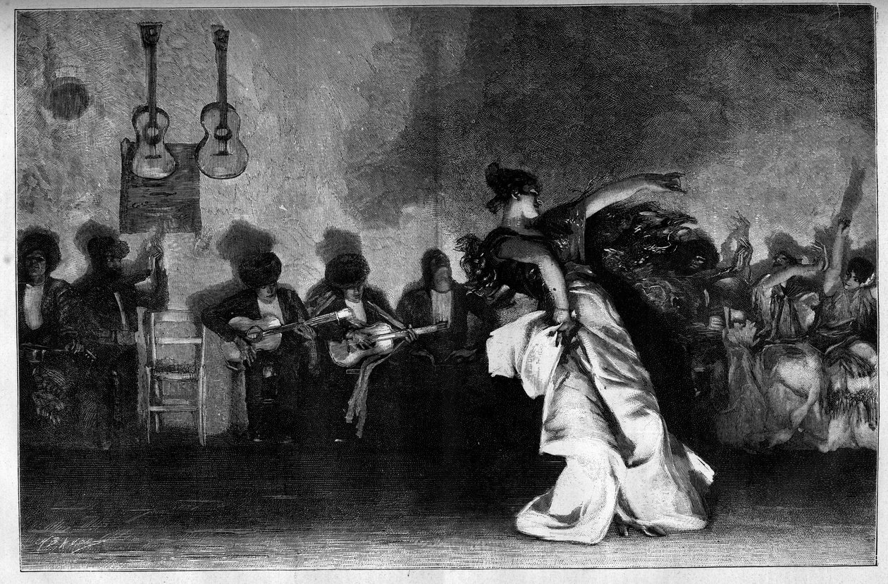 El Jaleo - Sigøynerdanser. Gitarister og flamencodanser. Gravering etter maleriet av John Singer Sargent (1856-1925) i "" The Illustrous World"" nr. 1335 av 28. oktober av John Singer (after) Sargent
