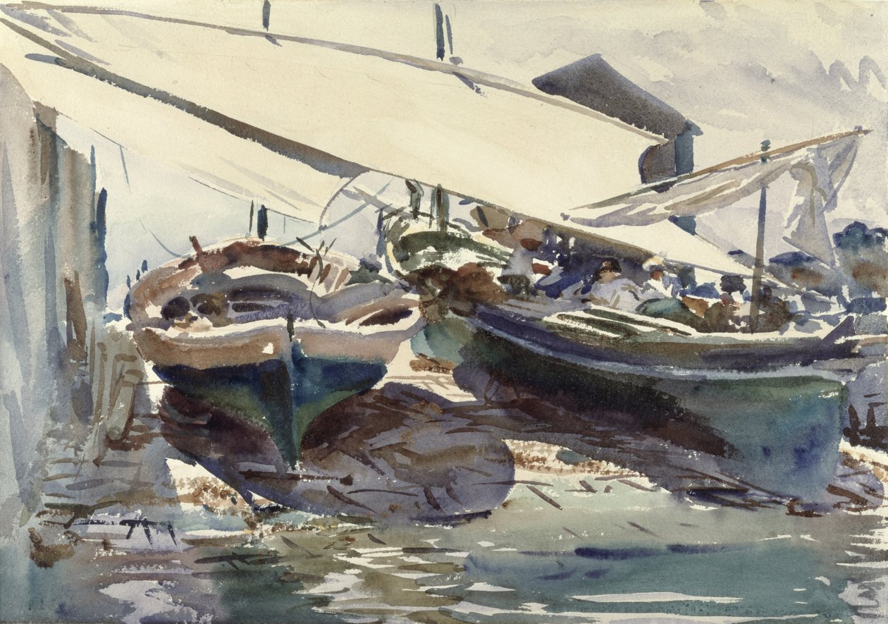 Båter tegnet opp (wc på papir) av John Singer Sargent