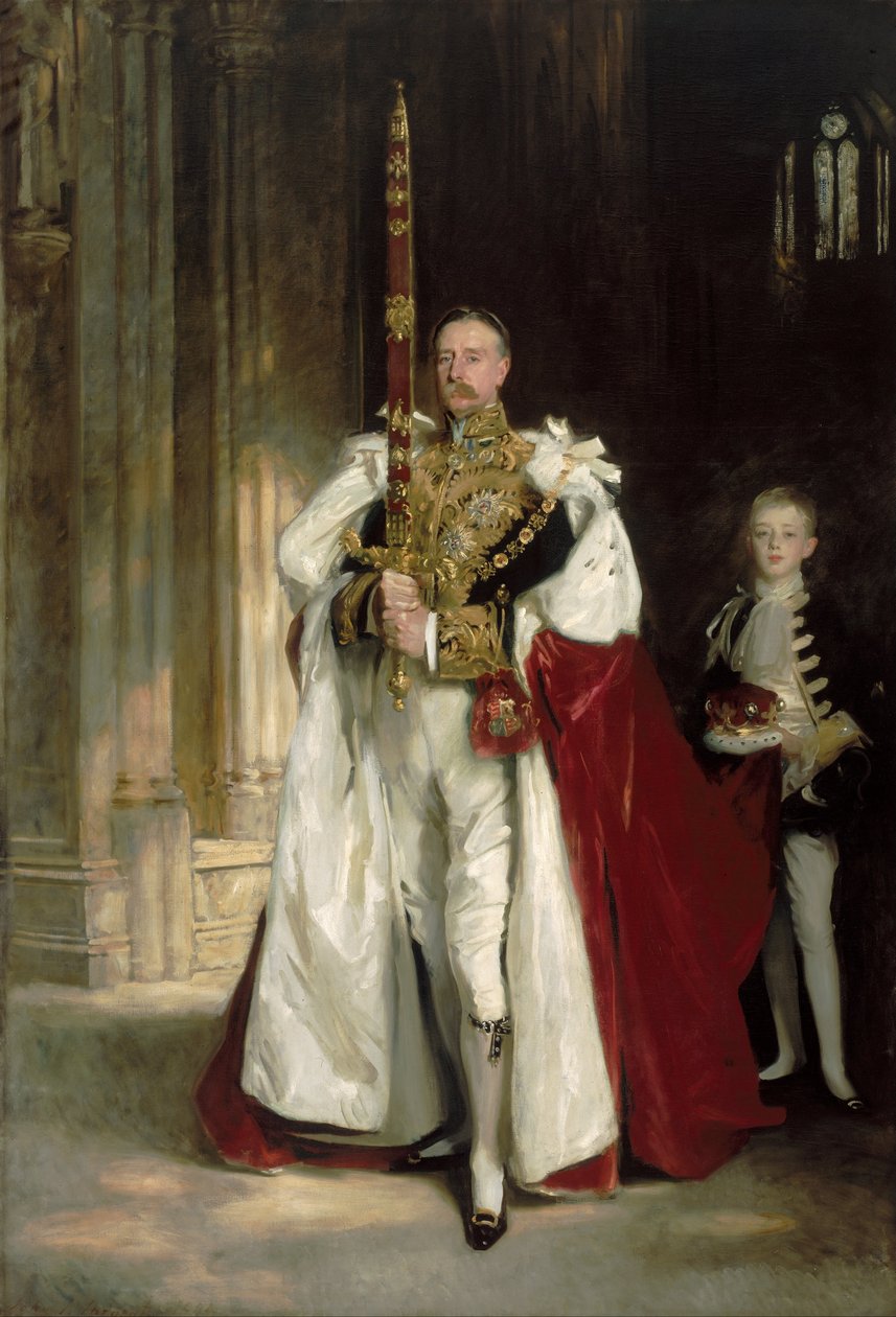 Charles Stewart, sjette marki av Londonderry, bærer det store statssverdet ved kong Edvard VIIs kroning i august 1902, og herr W. C. Beaumont, hans pasje ved denne anledningen av John Singer Sargent