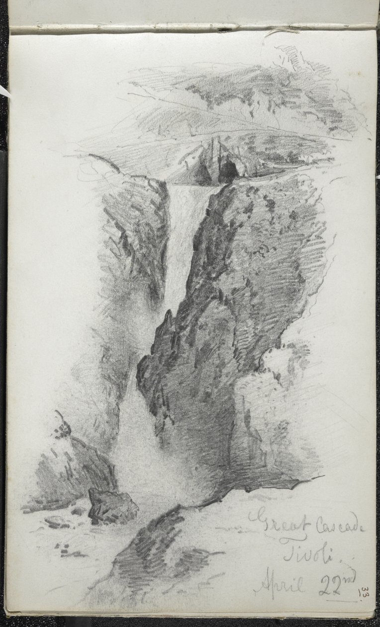 Great Cascade, Tivoli, Italia, 22. april 1869 (grafitt på off-white vevd papir) av John Singer Sargent