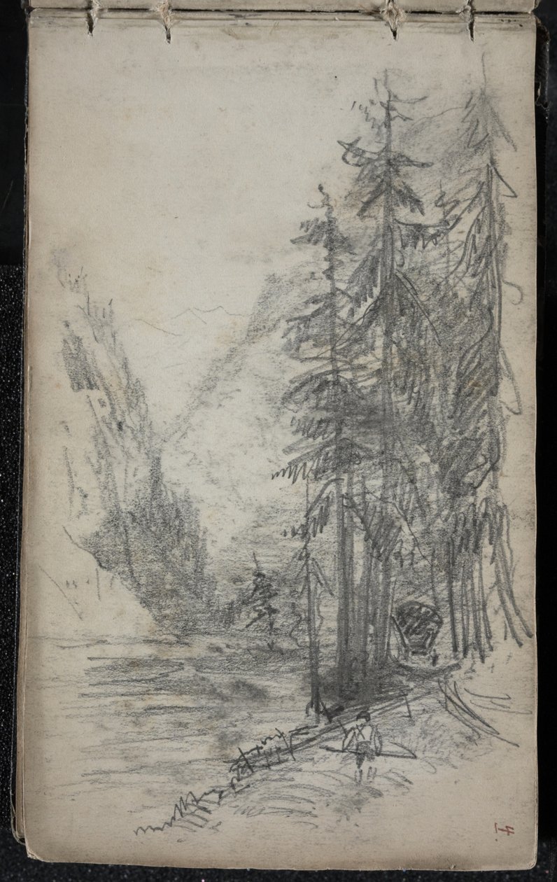 Fjelllandskap med trær, 1871-72 (grafitt på mørklagt off-white vevd papir) av John Singer Sargent