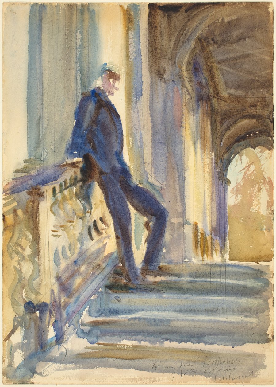 Sir Neville Wilkinson på trappene til Palladian Bridge ved Wilton House av John Singer Sargent