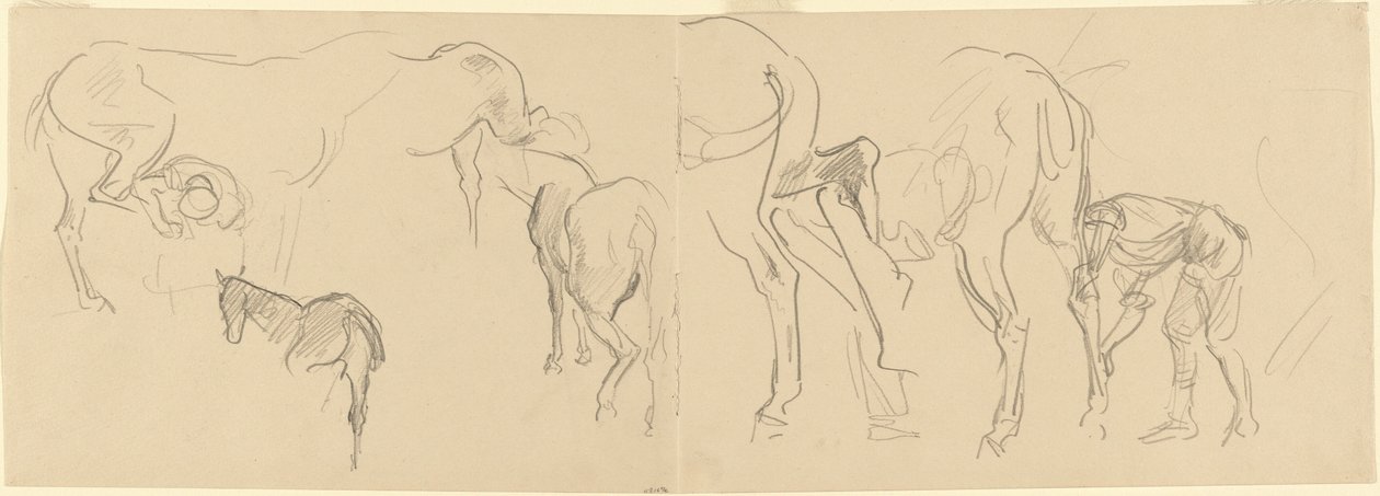 Studier for "Shoeing Calvary Horses at the Front" [recto] av John Singer Sargent