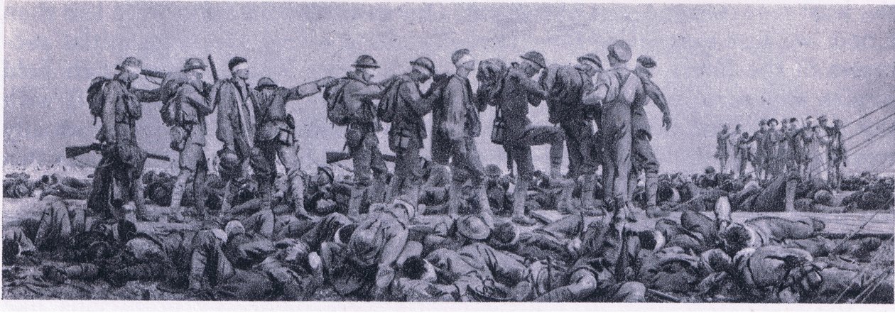 Påkledningsstasjonen. Skader fra Mustard Gas, fra British Adventure utgitt av Collins, 1947 av John Singer Sargent