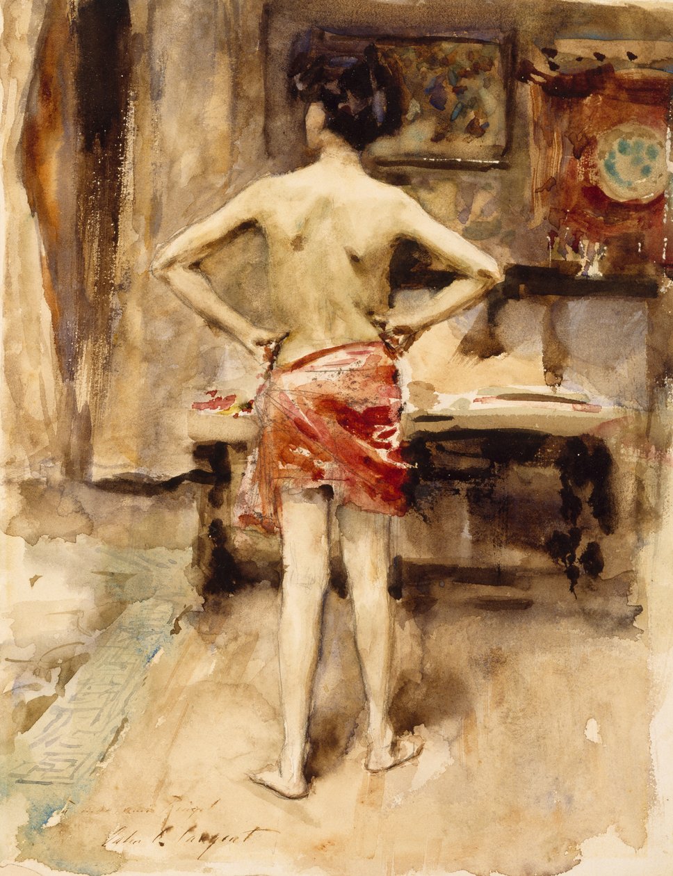 The Model, 1876 (wc over grafittblyant på vevd papir) av John Singer Sargent