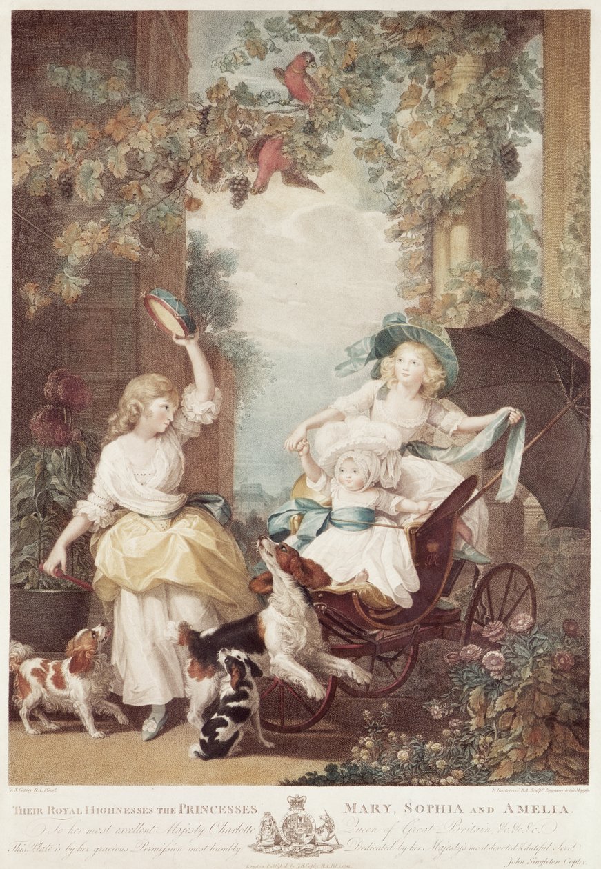 Prinsessene Mary (1776-1857), Sophia (1777-1848) og Amelia (1783-1810), døtre av George III, gravert av Francesco Bartolozzi (1727-1815) (mezzotintgravering) av John Singleton Copley