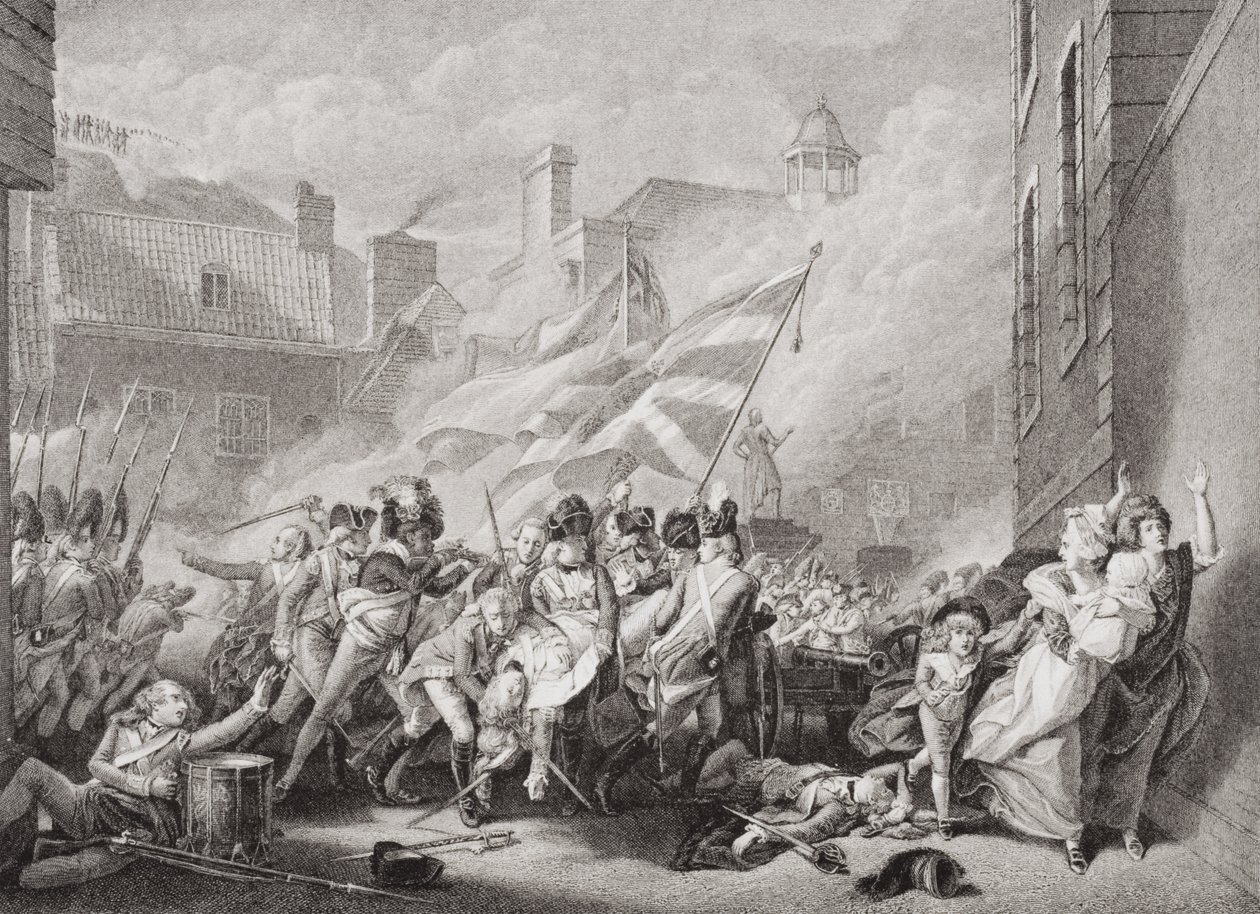 Major Peirsons død ved St. Helier, som tok Jersey tilbake fra franskmennene, 8. januar 1781, fra "Illustrasjoner av engelsk og skotsk historie" bind II av John Singleton Copley
