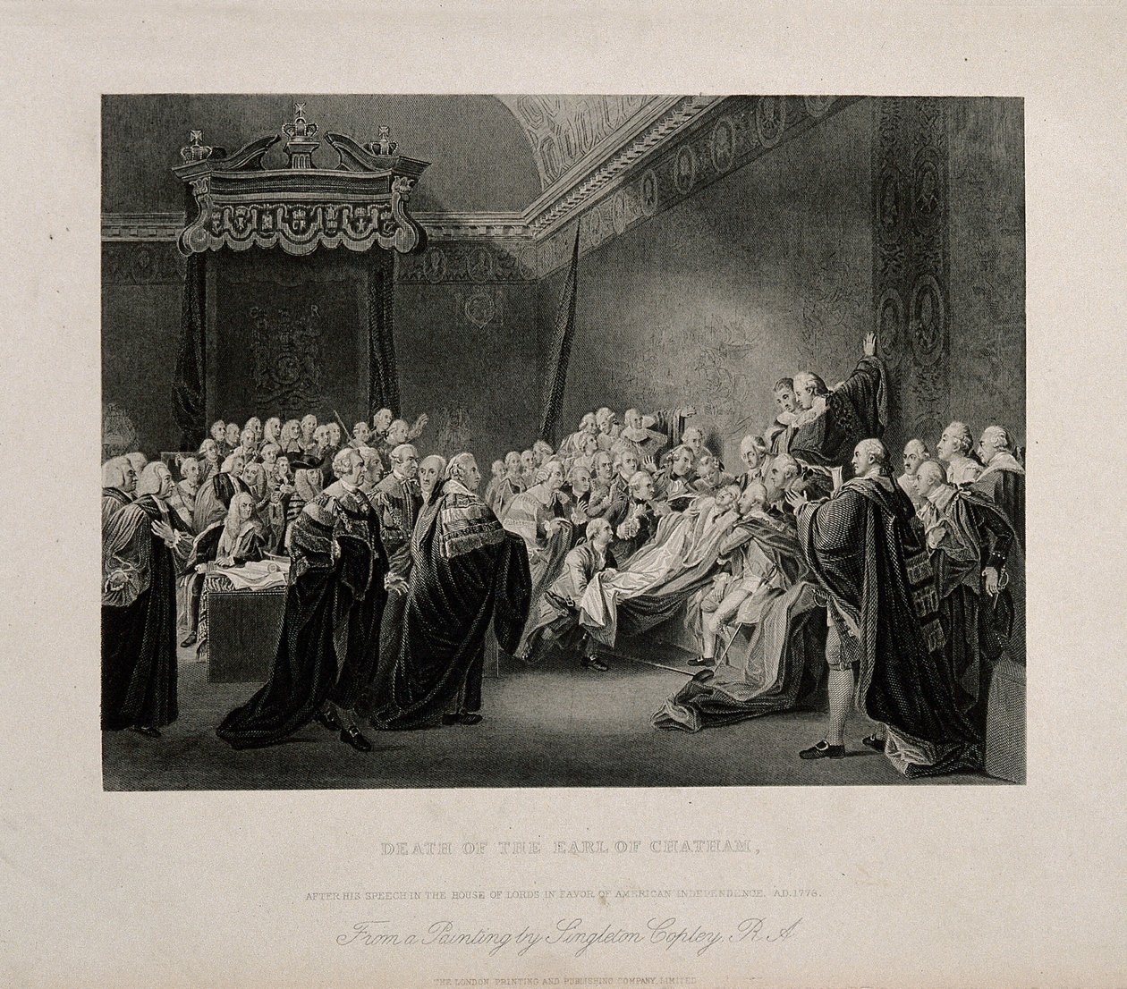 William Pitt, Lord Chathams død i Overhuset i Palace of Westminster, 1778. Gravering etter J. Copley, 1779. av John Singleton Copley