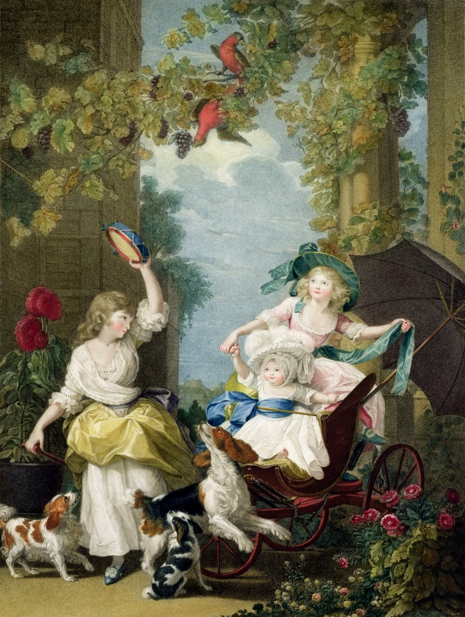Deres kongelige høyheter prinsessene Mary (1776-1857), Sophia (1777-1848) og Amelia (1783-1810), gravert av Francesco Bartolozzi (1727-1815), pub. av kunstneren, 1792 (stippgravering) av John Singleton Copley