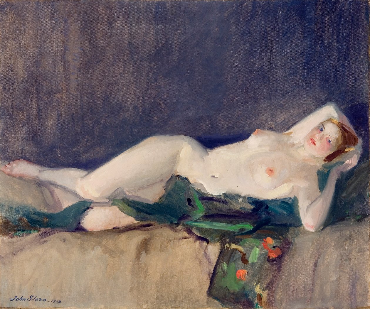 Naken, grønt skjerf av John French Sloan