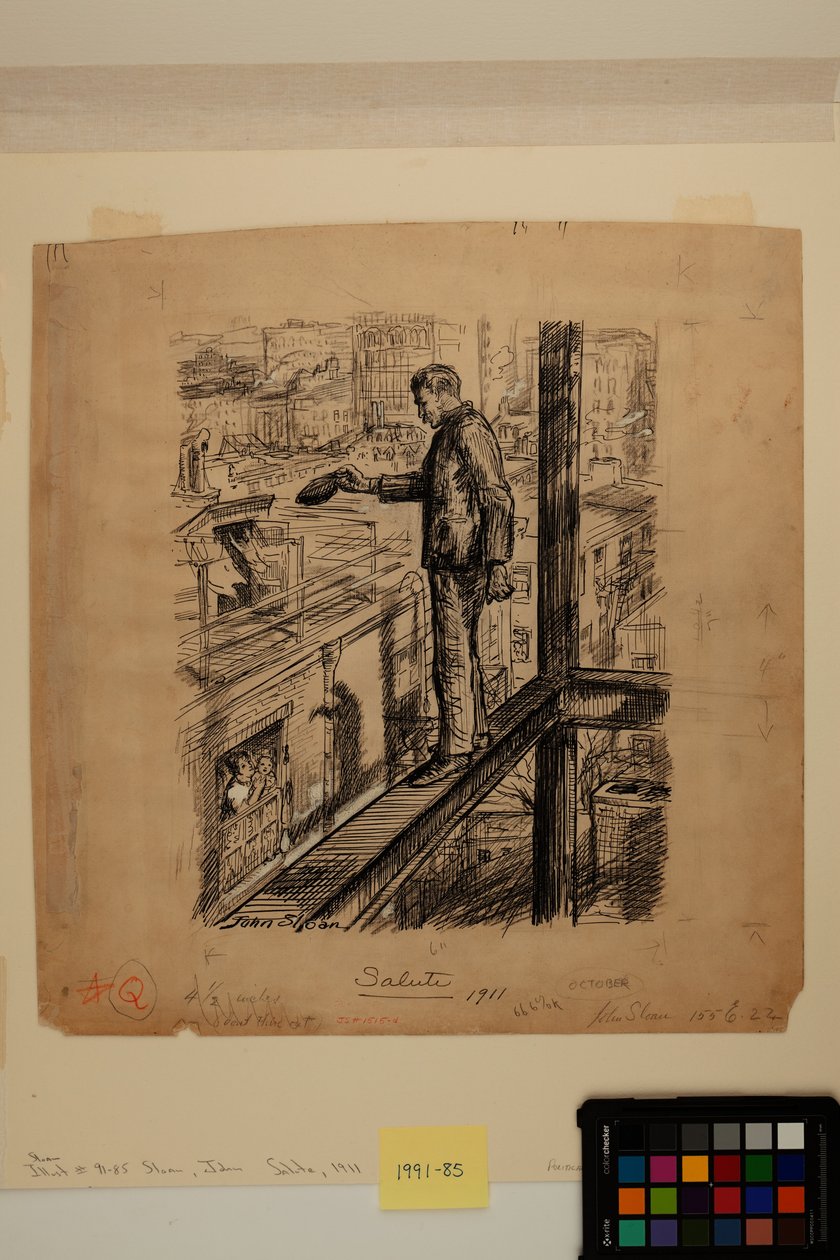 Salute, ca. 1911 (blekk, kull og sinkhvit maling på papir) av John French Sloan