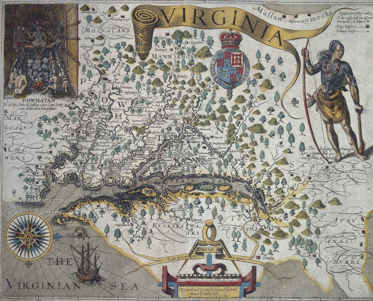 Kart over Virginia: Innfelt (øverst til venstre) som viser interiøret til indianerhøvdingen Powhatans hytte, av John Smith (1580-1631) av John Smith