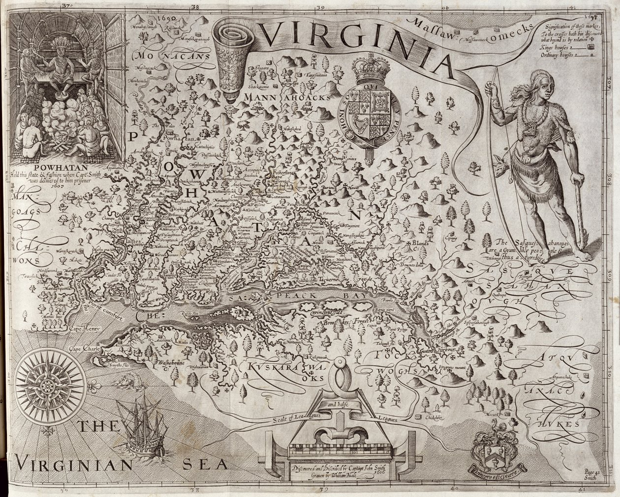Kart over Virginia, oppdaget og beskrevet av kaptein John Smith, 1606, gravert av William Hole (fl. 1607-24), publisert 1612 (se også 174212) av John Smith 2