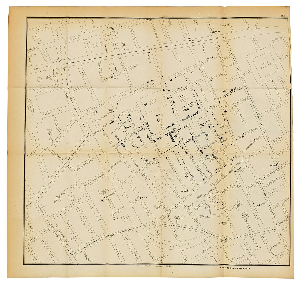 Et kart fra "On the Mode of Communication of Cholera", 1855 av John Snow