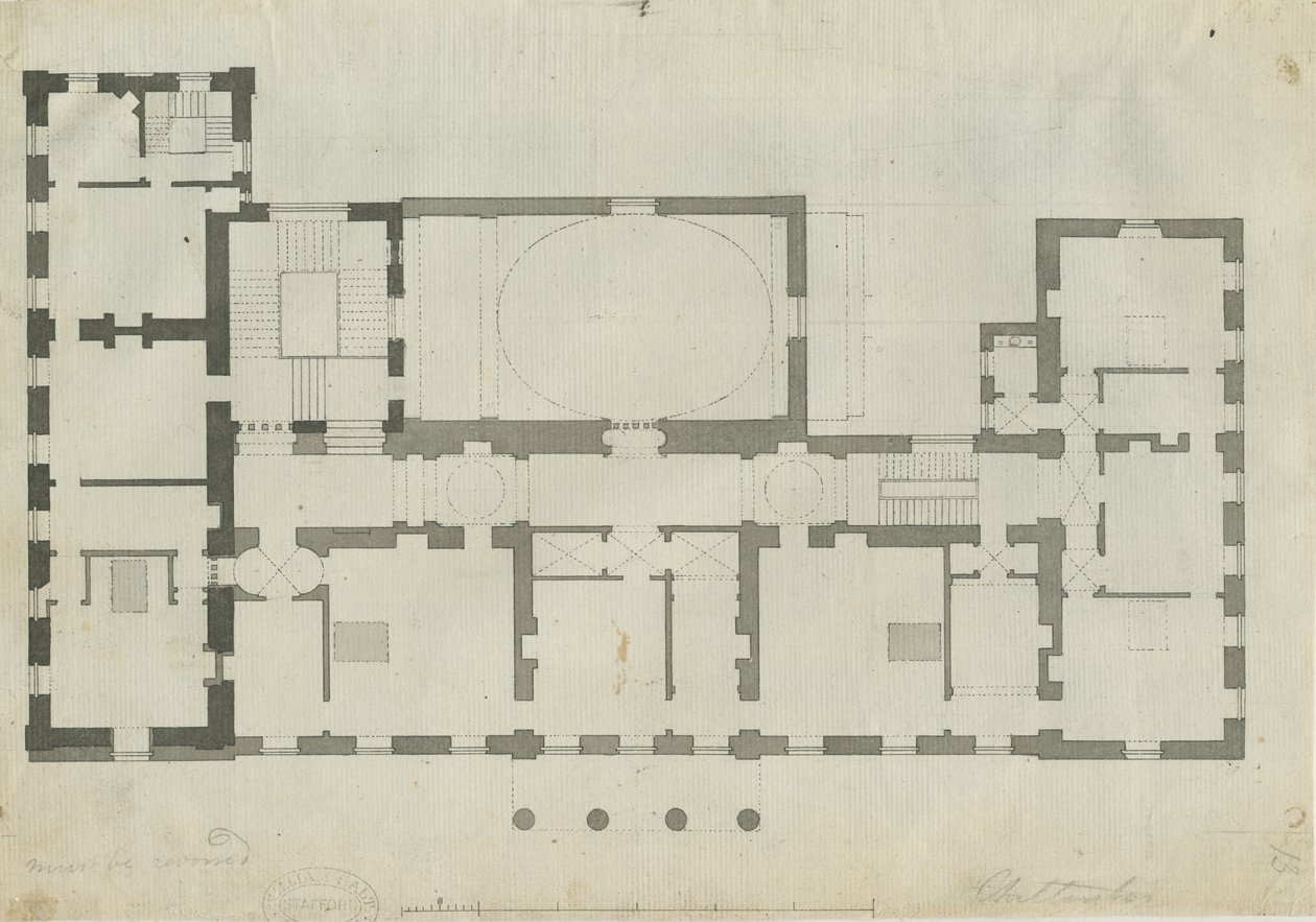 Chillington Hall: penn- og blyanttegning, nd [1789] (tegning) av John Soane