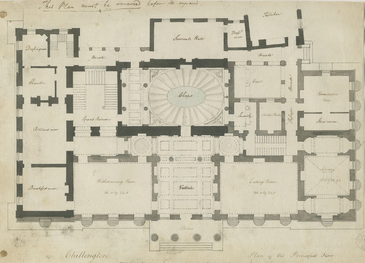 Chillington Hall: penn- og blyanttegning, nd [1789] av John Soane