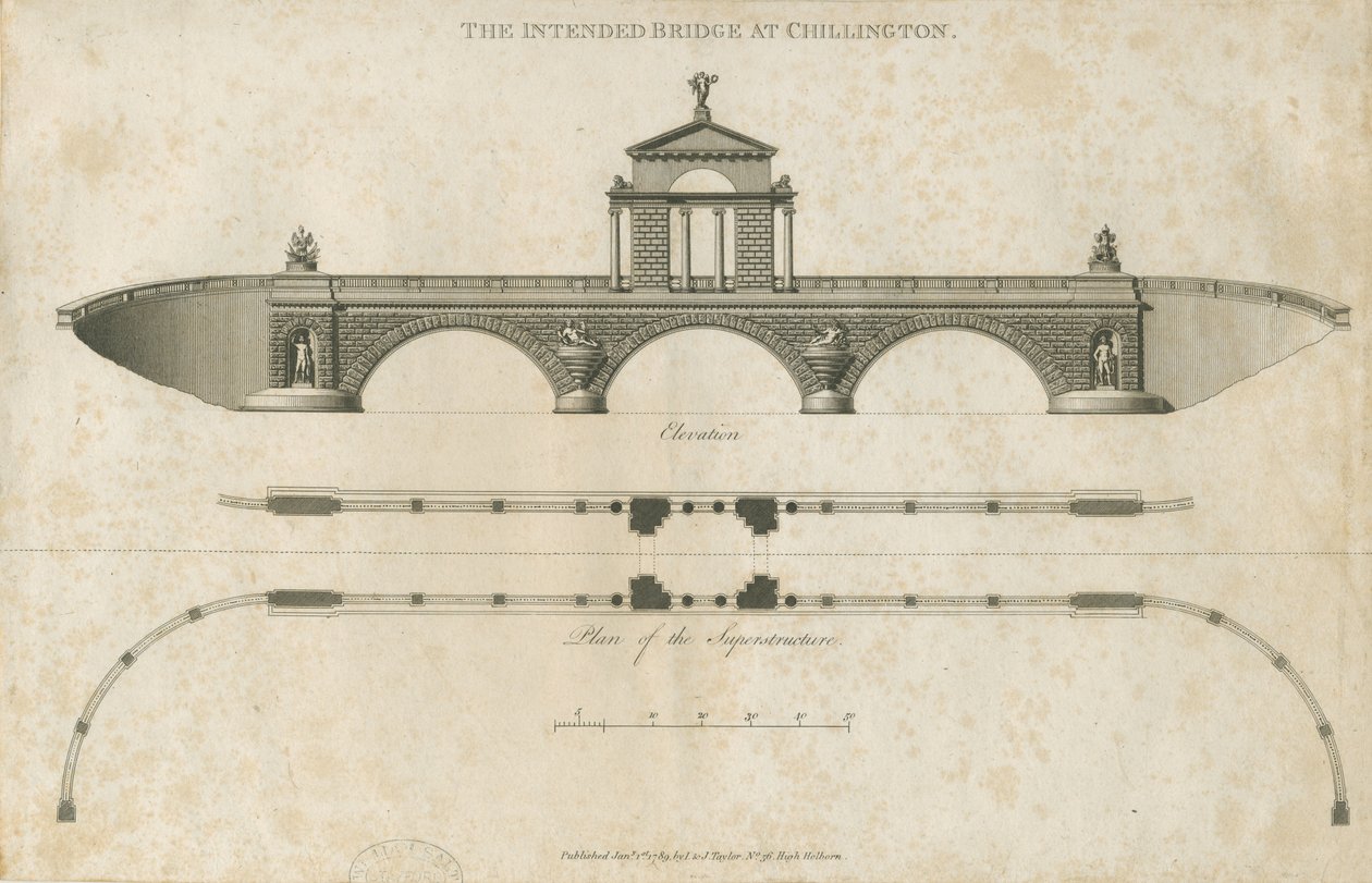 Chillington Park - Proposed Bridge: sepia-tegning, nd [1789] av John Soane