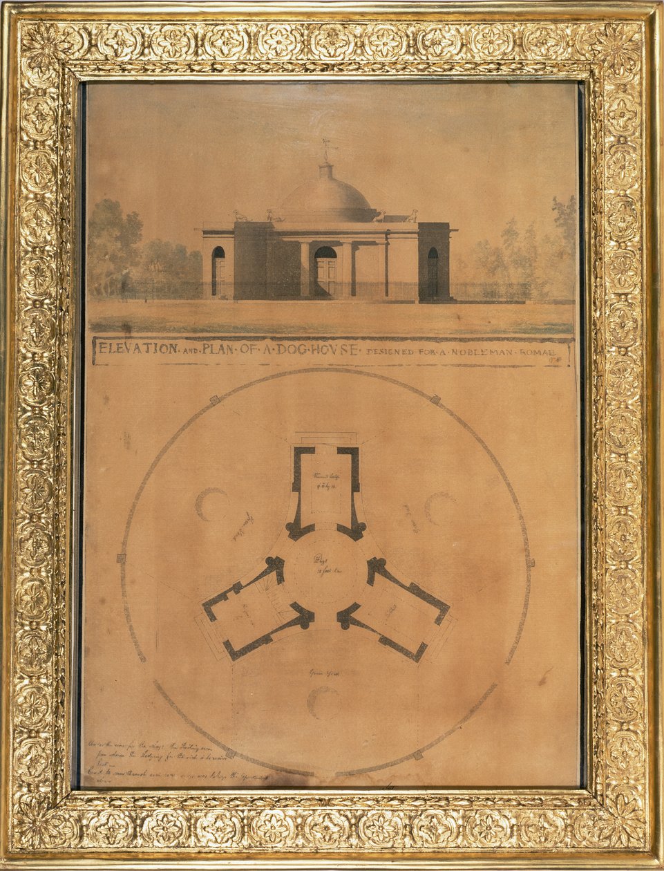 Forhøyning og plan av et hundehus, 1779 (penn og blekk og wc på papir) av John Soane