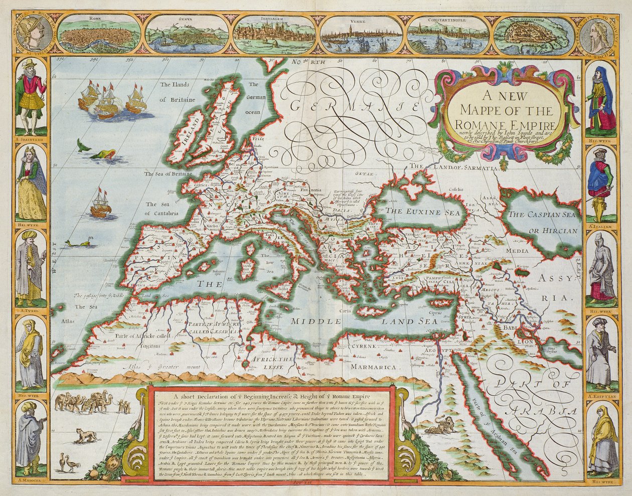 Et nytt kart over Romerriket, fra "A Prospect of the Most Famous Parts of the World", pub. av Bassett und Chiswell, 1676 (håndfarget plategravering) av John Speed