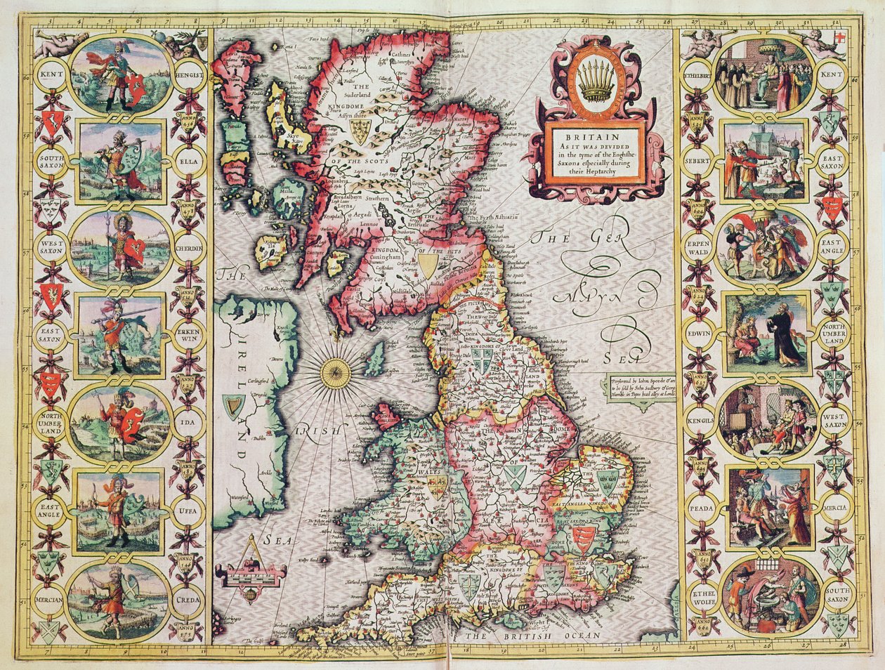 Storbritannia slik det ble bestemt i de engelske saksernes tid, spesielt under deres heptarki (håndfarget kobbergravering) av John Speed