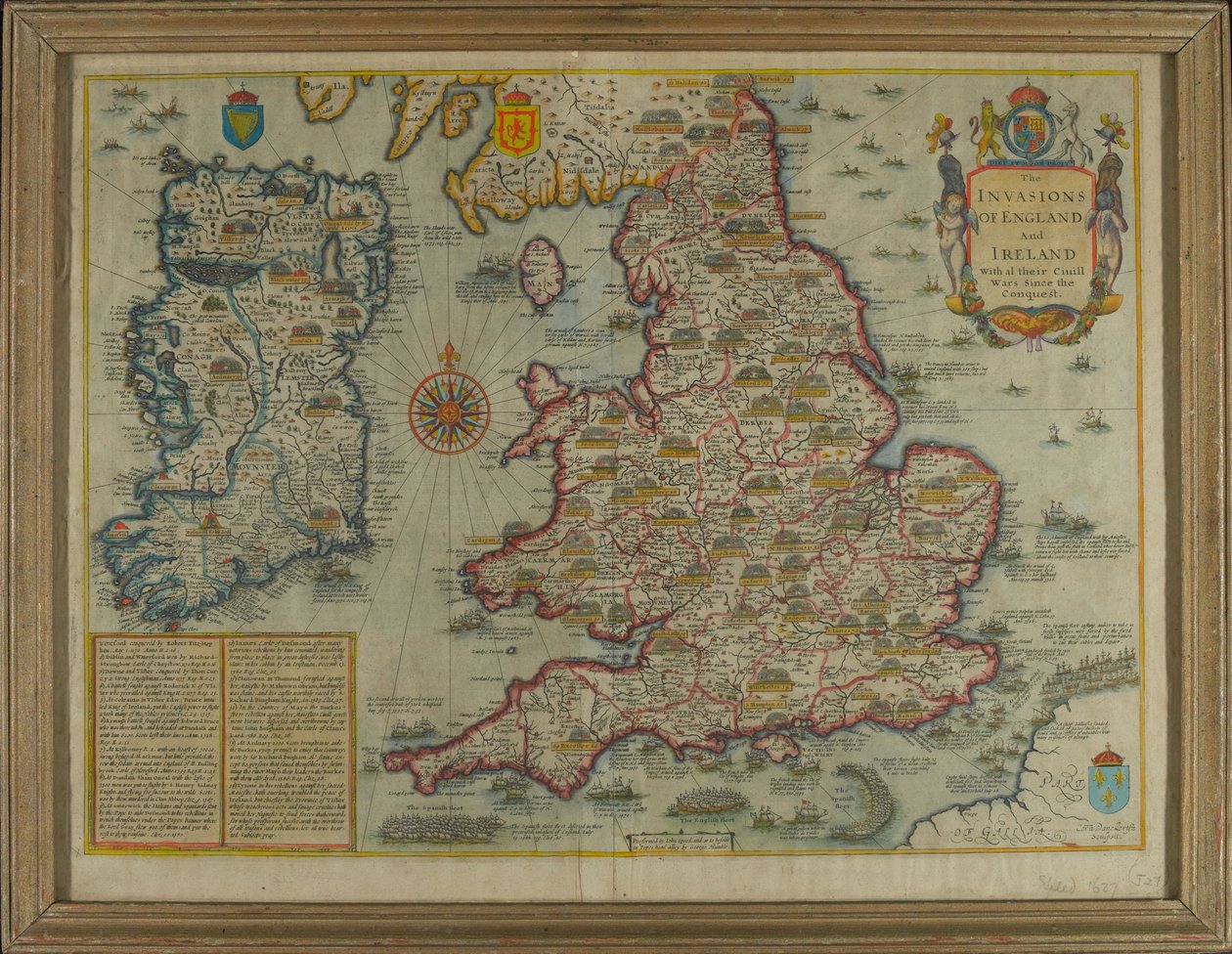 Kart som viser invasjonene av England og Irland Med al [sic] deres borgerkriger siden erobringen, ca. 1627 (håndfarget gravering) av John Speed