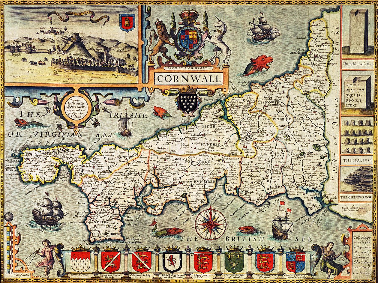 Kart over Cornwall fra "Theatre of the Empire of Great Britain", pub. i London av George Humble, 1627-utgaven (håndfarget gravering) av John Speed