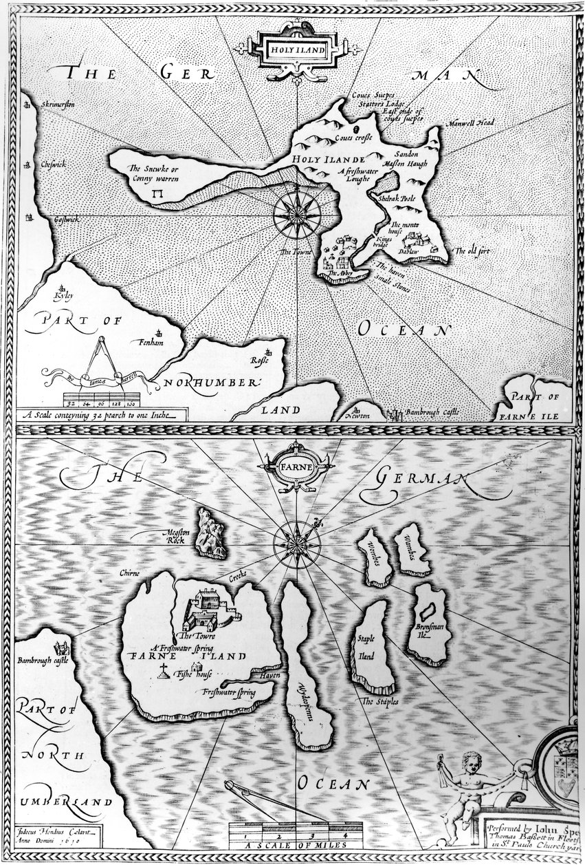 Kart over Holy Island og Farne Island, Northumberland, fra "The Theatre of the Empire of Great Britaine" av John Speed, 1676 av John Speed