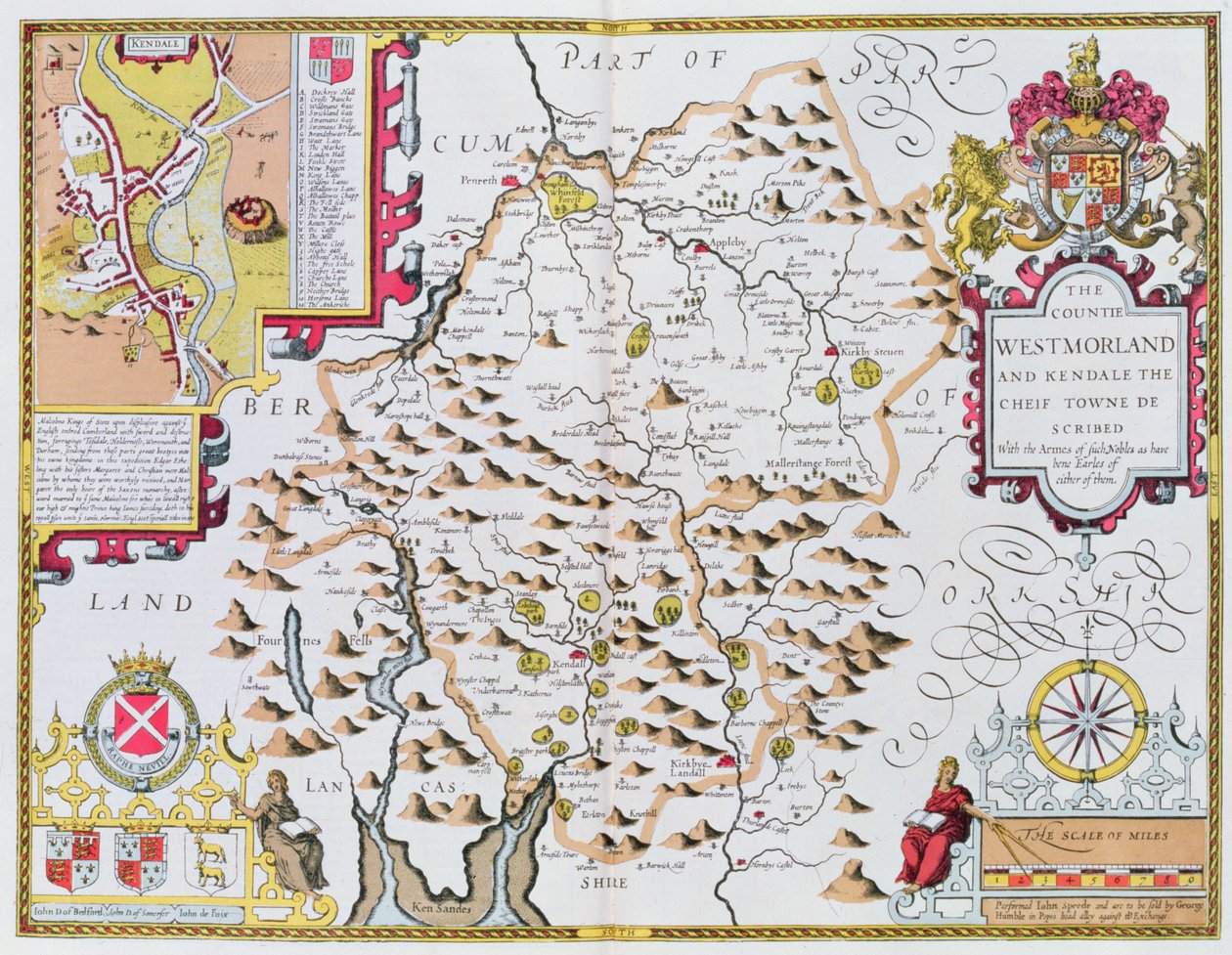 The Countie of Westmorland, gravert av Jodocus Hondius (1563-1612) fra John Speeds Theatre of the Empire of Great Britain, pub. av John Sudbury og George Humble, 1611-12 (håndfarget kobber engra av John Speed