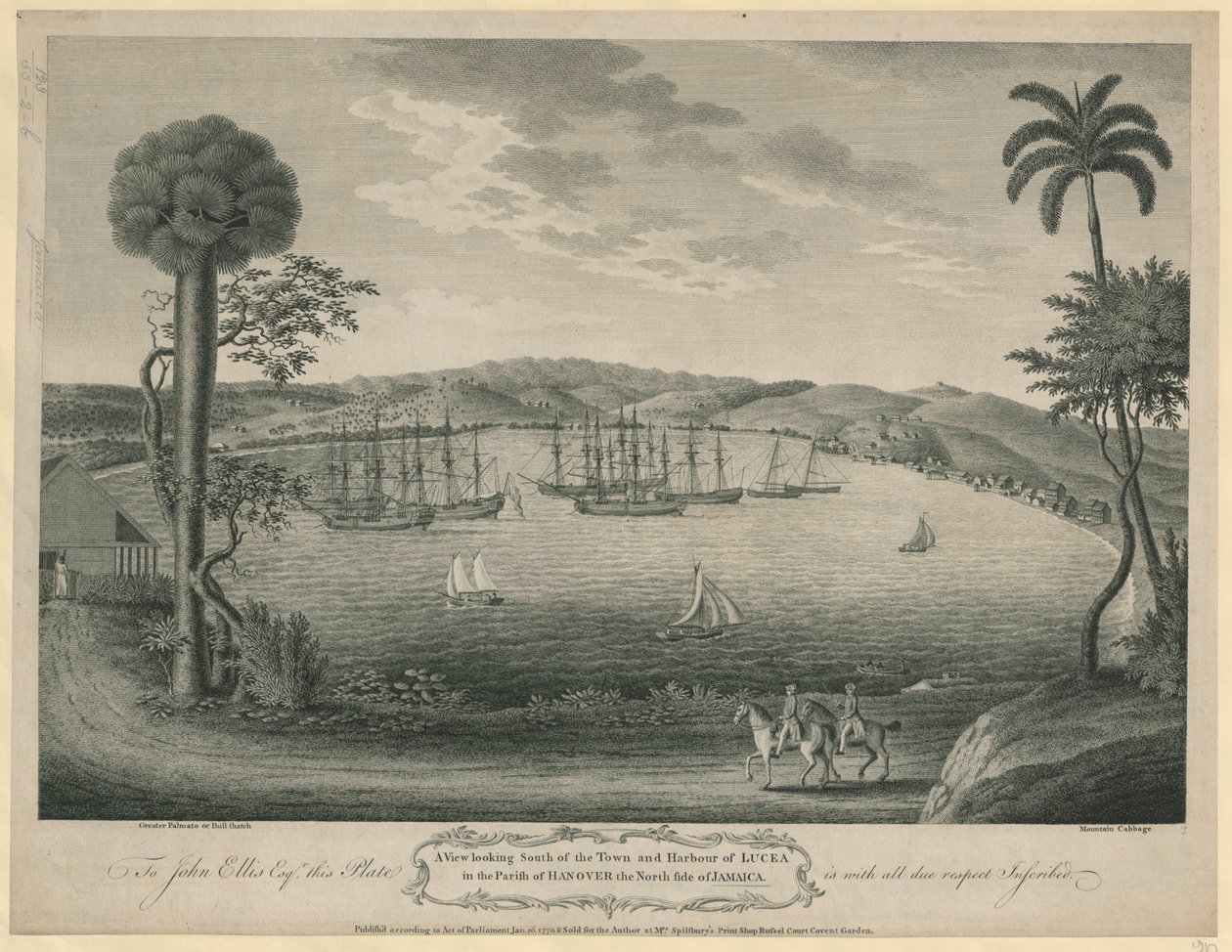 En utsikt som ser sør for byen og havnen i Lucea i Parish of Hannover, nordsiden av Jamaica av John Spilsbury