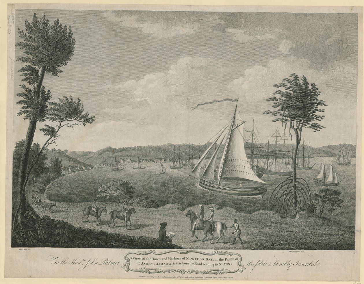 En utsikt over byen og havnen i Montego Bay, i Parish of St. James's, Jamacia: tatt fra veien som fører til St. Ann's. Til Hon.ble John Palmer er denne platen ydmykt innskrevet av John Spilsbury