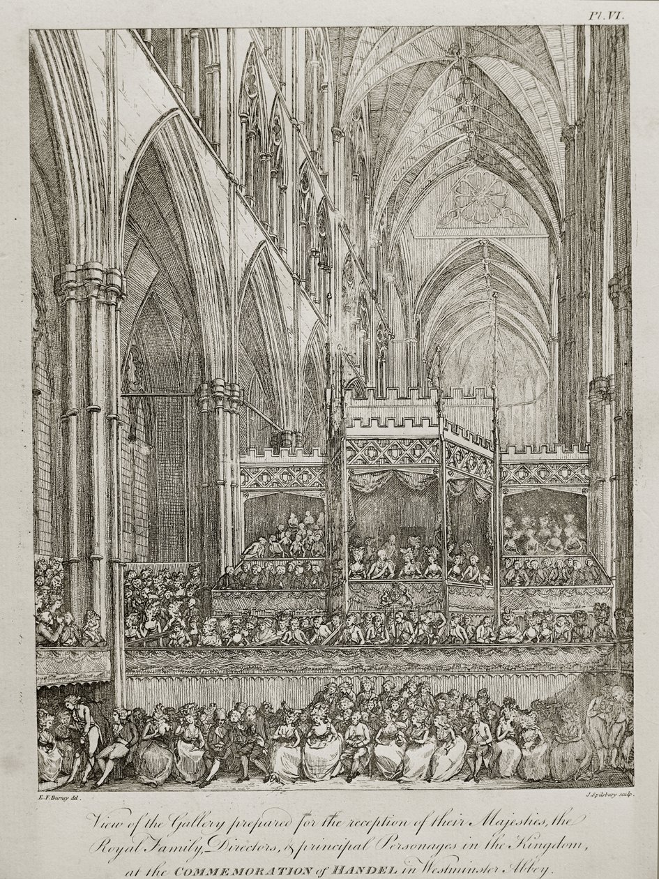 konsert for å minnes 25-årsjubileet for George Frederick Handel (1685-1759) - Utsikt over galleriet forberedt for mottakelsen av deres Majesteter den kongelige familie av John Spilsbury