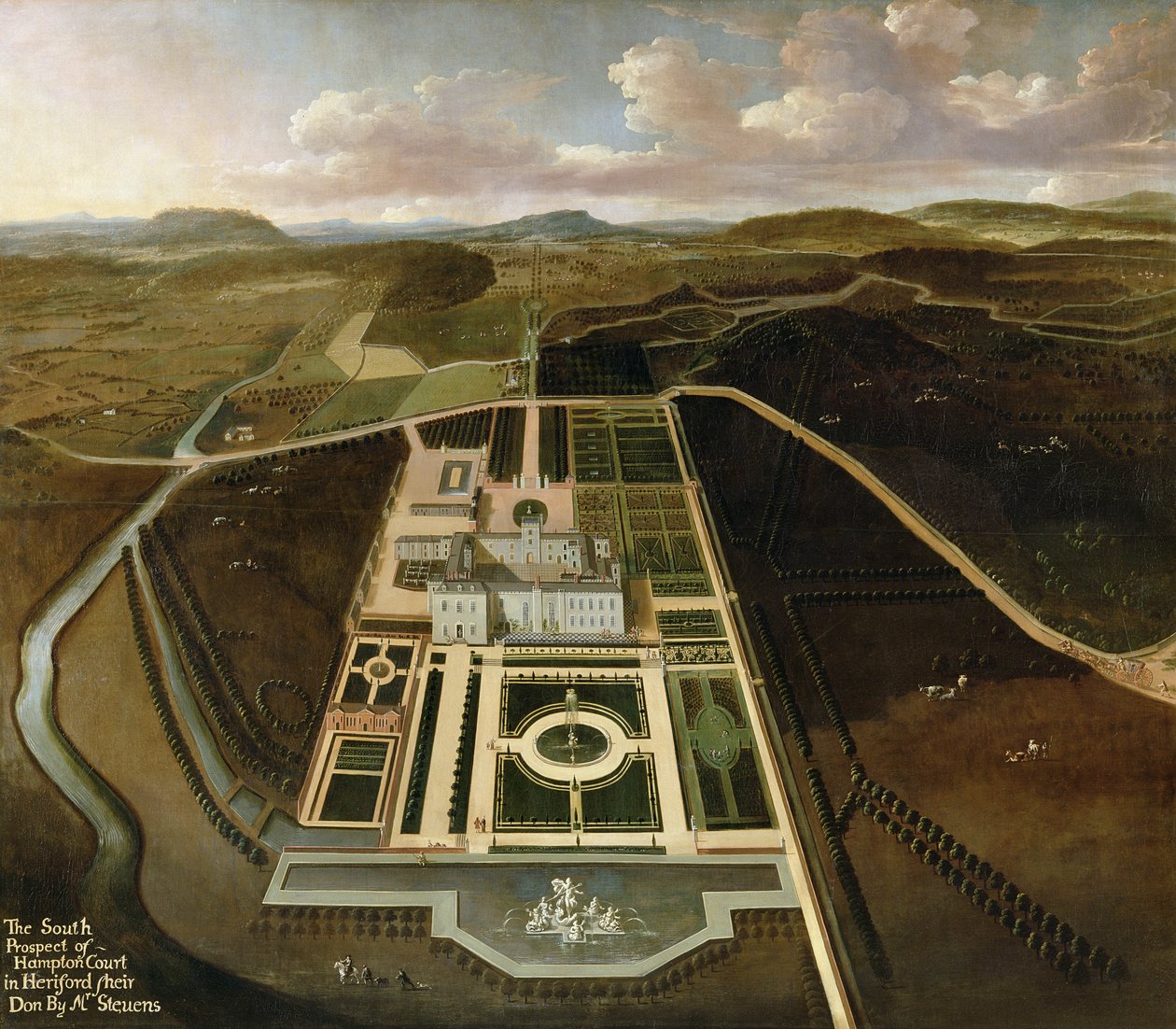South Prospect of Hampton Court, Herefordshire, ca. 1705 av John Stevens