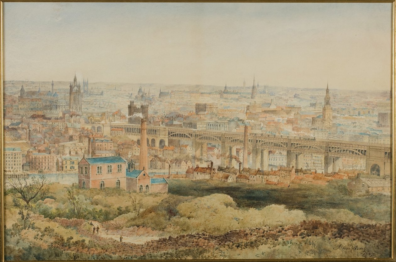 Newcastle upon Tyne fra Windmill Hills, Gateshead, 1887 (blyant og wc på papir) av John Storey